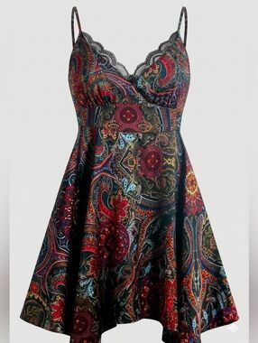 ​Boho Paisley Print Smocked Bodice Mini Dress Lace Trim Strappy